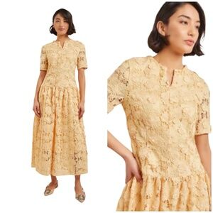 MISOOK MAXI DRESS PLEATED DROP WAIST FLORAL APPLIQUE WOVEN WEDDING SUMMER CHIC M